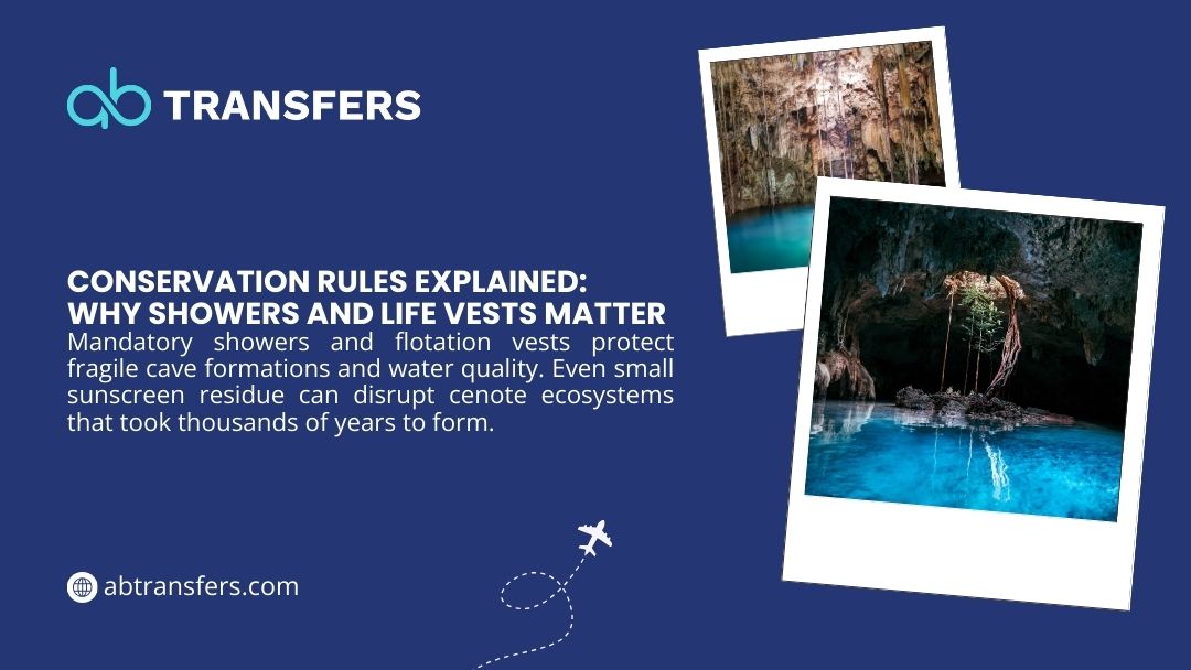 Cenote cave with turquoise water showing conservation rules: mandatory showers and life vests protect fragile limestone formations and water quality.