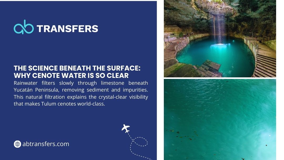 Crystal-clear turquoise cenote water in Yucatán with limestone caves, wooden stairs, and a waterfall, showcasing natural underground freshwater pools.