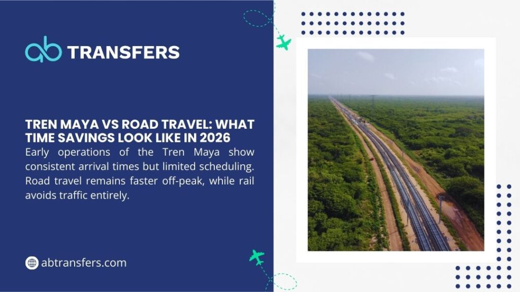 How to Get to Tulum - Aerial view of Tren Maya railway through Mexican jungle landscape; infographic comparing Tren Maya vs road travel time savings 2026.