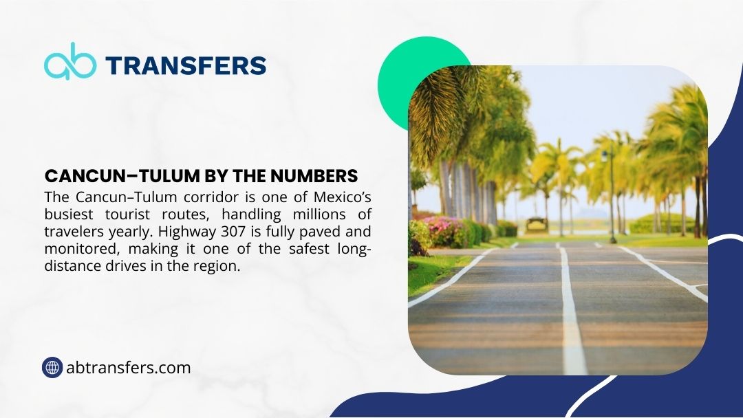 Highway 307 between Cancun and Tulum with palm tree-lined paved road, illustrating busy tourist corridor statistics handling millions of travelers annually"