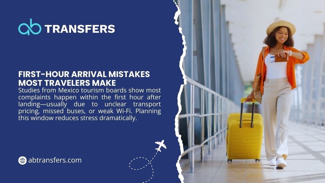 Female traveler with yellow suitcase at airport showing first-hour arrival challenges including unclear transport pricing, missed buses, and weak connectivity issues