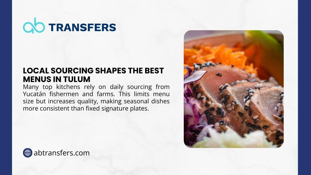 Close-up of grilled seafood with fresh vegetables, illustrating how Tulum restaurants source daily from local fishermen and farms to create seasonal menus with superior quality and consistency.