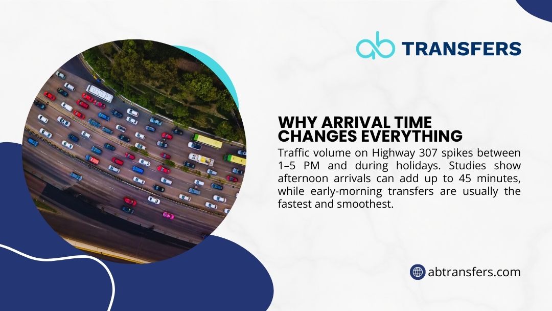 Aerial view of Highway 307 showing heavy traffic congestion during peak hours, illustrating why arrival time changes everything with afternoon delays up to 45 minutes