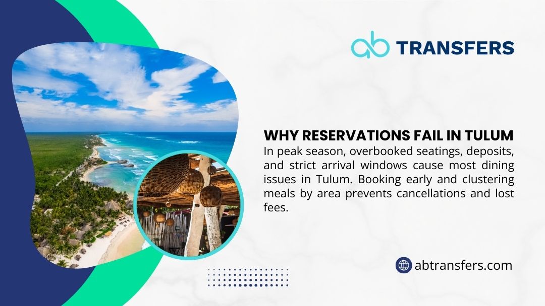 Aerial view of Tulum beach resort with beachfront restaurant, illustrating why dining reservations fail during peak season due to overbooking and strict arrival windows.