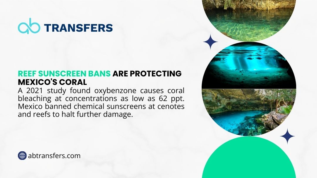 Crystal-clear cenote and coral reef waters in Mexico, highlighting how reef sunscreen bans are protecting marine ecosystems from chemical damage.