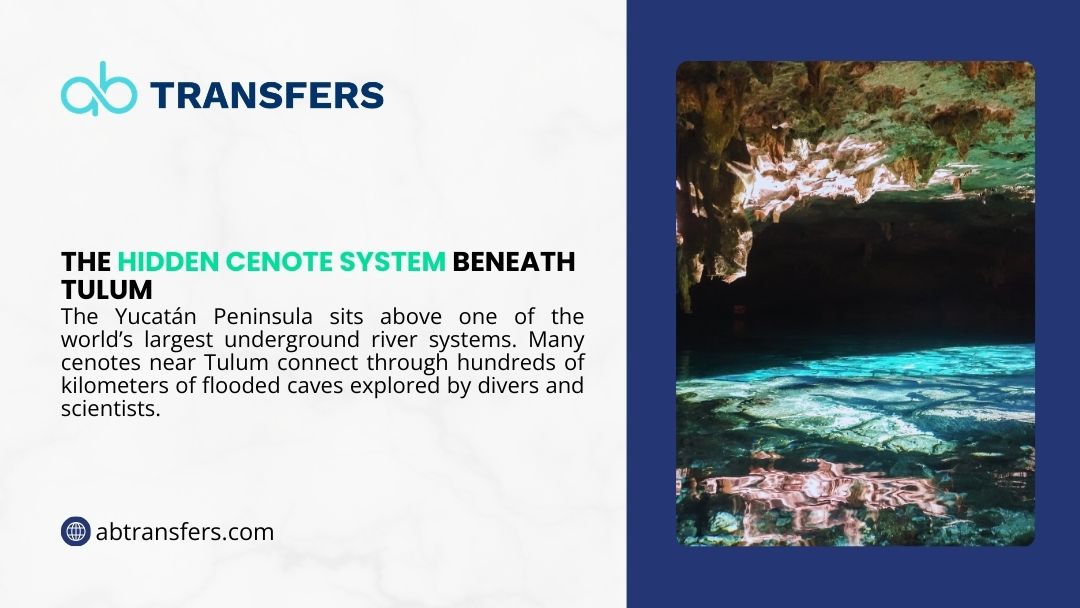 Underground cenote cave with glowing turquoise water beneath rocky limestone formations, revealing the hidden cenote system beneath Tulum.