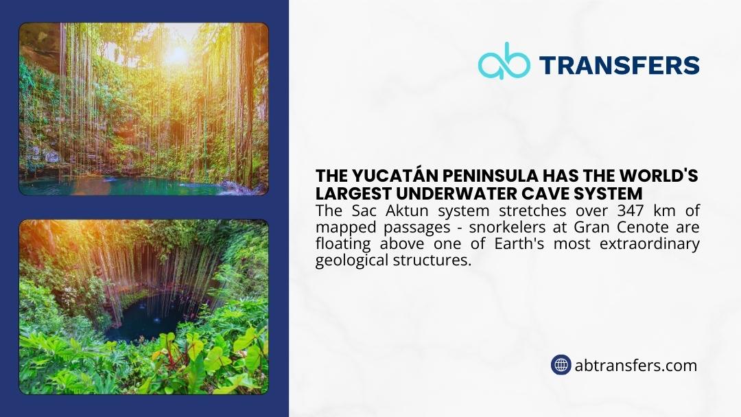 Gran Cenote in Yucatán Peninsula with sunlit turquoise waters and hanging roots, part of the world's largest underwater cave system, Sac Aktun.