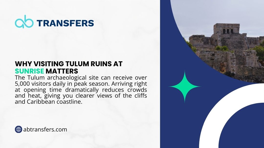 Ancient Mayan temple at Tulum ruins perched on cliffs, highlighting why visiting Tulum ruins at sunrise offers fewer crowds and clearer coastal views.