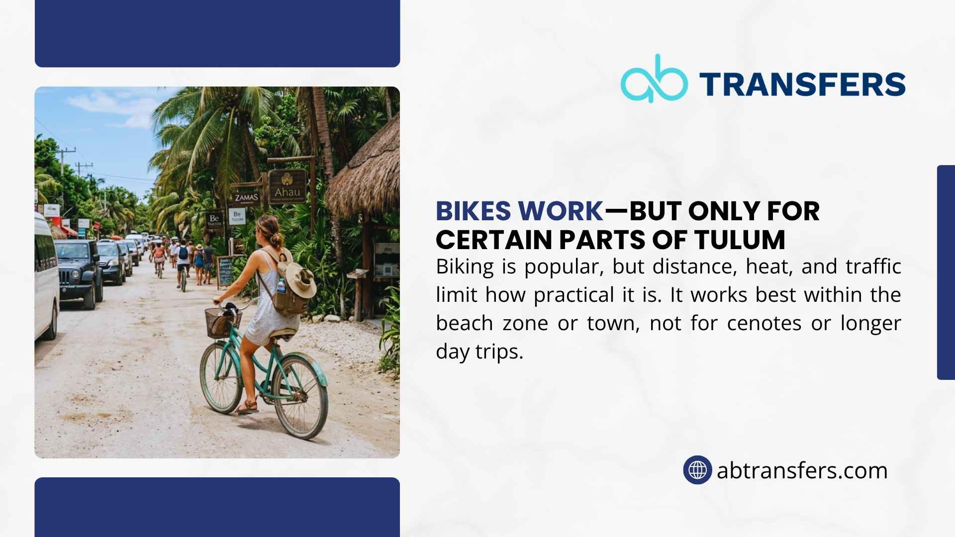 Woman cycling along Tulum's busy beach road, where bikes work best within the beach zone or town but not for cenotes or longer trips