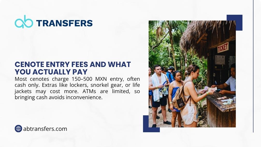 Tourists paying cash at a jungle cenote ticket booth, where entry fees range 150–500 MXN with extras for lockers and snorkel gear.