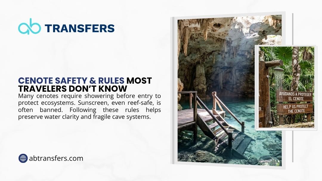 Cave cenote with crystal clear water and protection signs reminding travelers of safety rules like no sunscreen to preserve the ecosystem.