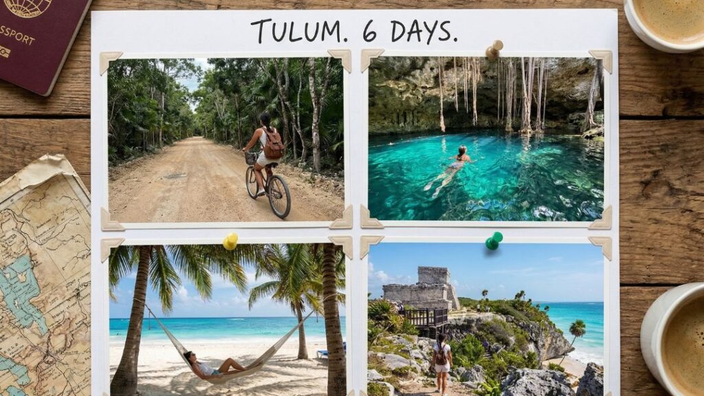 6-day Tulum itinerary photo collage showing jungle cycling, cenote swimming, beach hammock relaxing and Mayan ruins exploration