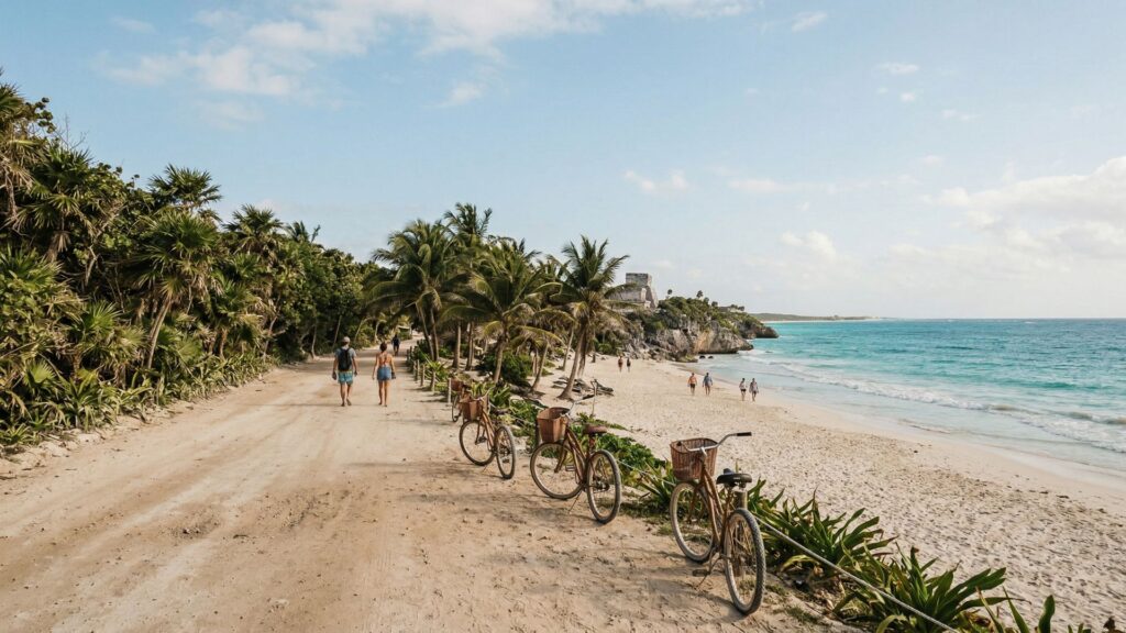 Bicycles parked on Tulum's palm-lined beach path with Mayan ruins in the background, perfect for planning a real 7-day Tulum itinerary.