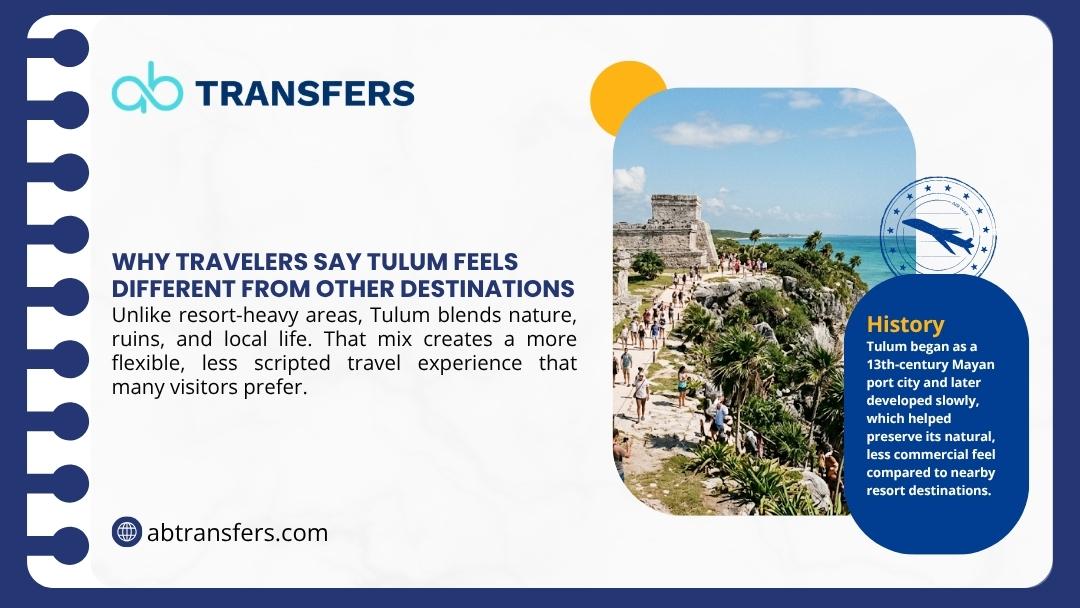 Visitors exploring Tulum's clifftop Mayan ruins overlooking the Caribbean, capturing why the destination feels different from typical resorts.