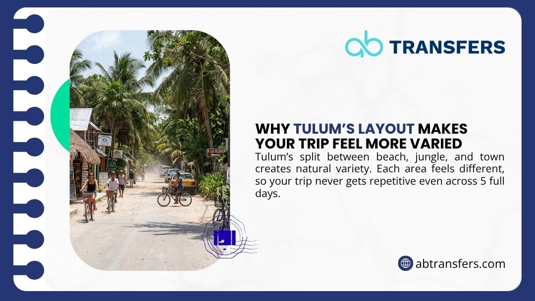 Cyclists and pedestrians on a palm-lined Tulum jungle street, reflecting the varied layout split between beach, jungle and town zones.
